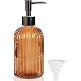 DVKKHD 14 OZ Amber Glass Soap Dispenser with Black Plastic Pump & Funnel, Refillable Liquid Hand Soap Dispenser for Bathroom Kitchen, Pump Bottle Dispenser for Dish Soap Shampoo Lotions Essential Oil