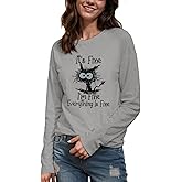 Women's I'm Fine Everything is Fine Long Sleeve T-Shirt-Cute Funny Cat Graphic Tee Sayings, Loose Fit Soft Casual Blouse Top