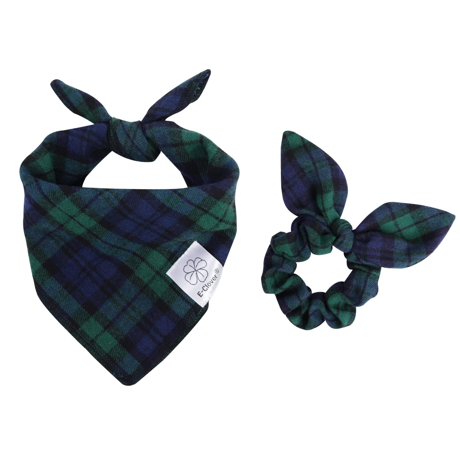 E-Clover Green Dog Bandanas Boy & Matching Scrunchie Set Plaid Scarf Kerchief for Small Dog Puppy Bandana Pet Owner Blue St Patrick Spring