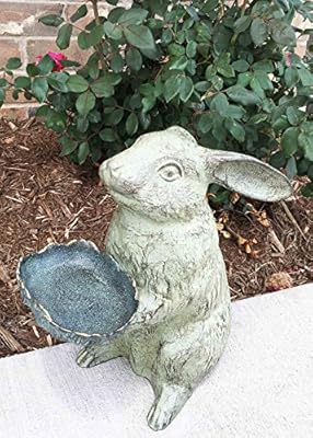 Whimsical Bunny Rabbit Holding Leaf Bird Feeder Garden Decor