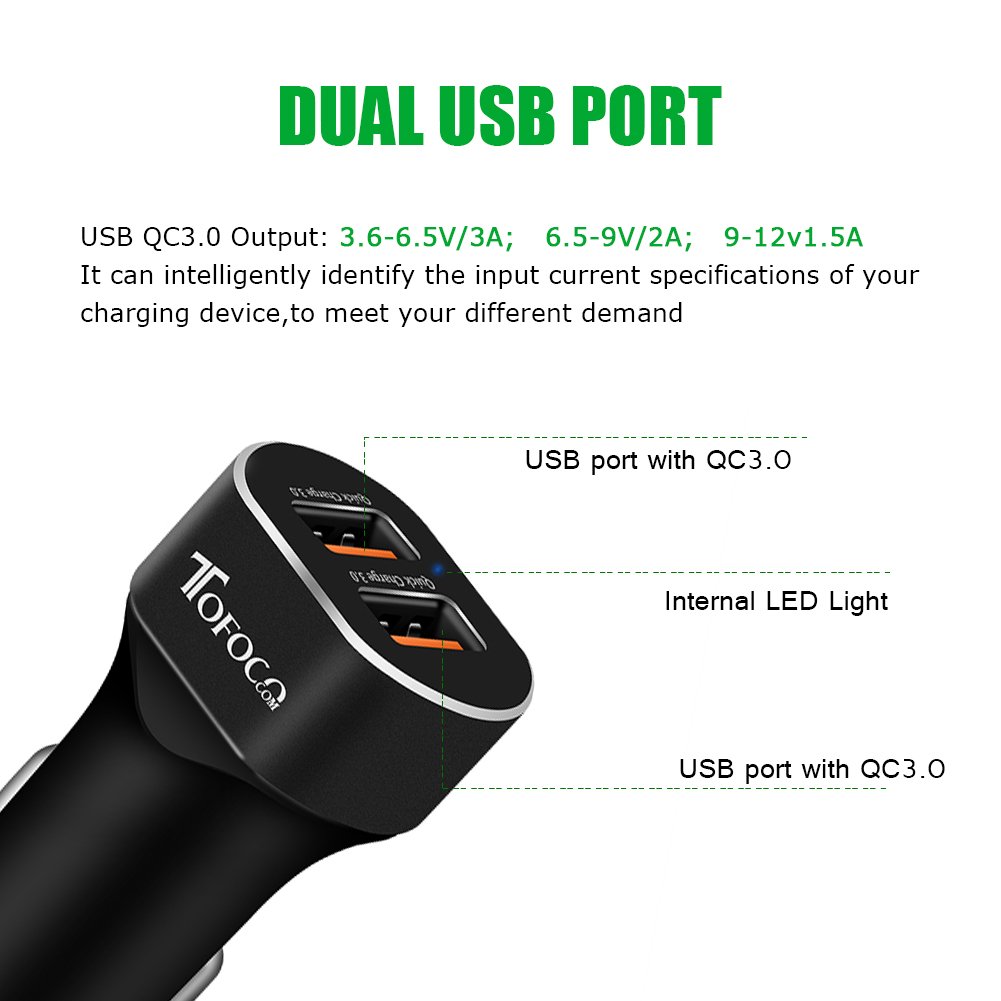 Quick Charge 3.0 Dual USB Car Charger, 36W Phone Power Adpater PowerDrive High Speed for Samsung Galaxy S8/S7/S6/S6 Edge, iPhone, iPad, LG , Nexus, HTC, Sony and more