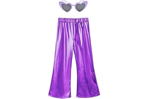 Perfashion Girls' Shiny Metallic Flared Pants Festival Dance Pants Disco with Sunglasses Wide Leg Trousers 6-15 Years