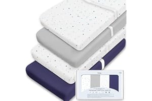 TotAha Premium Stretchy Star Changing Pad Covers (4-Pack) Hypoallergenic, Silky Comfort, Buttery Soft, Calming Effect, All-Season Jersey-Knit 5'' Deep Pocket (Navy Blue&Grey)