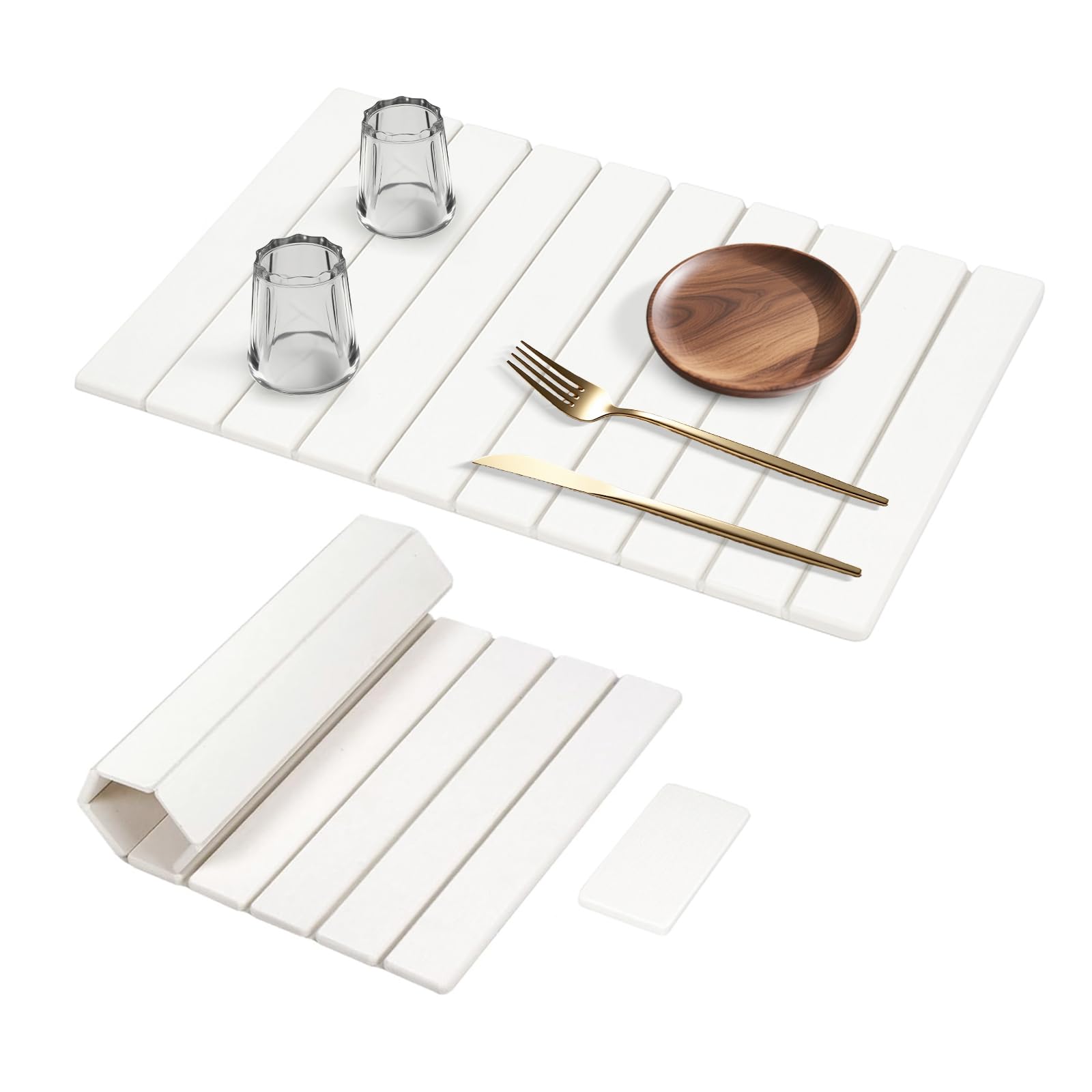 Photo 1 of ***VERY USED*** Large Stone Dish Drying Mat for Kitchen Counter, 24"x16"&8"x4", Foldable Fast-Drying Diatomaceous Earth Dish Mat, 2PCS Eco-Friendly Water Absorbent Pads Set for Kitchen Bathroom, White