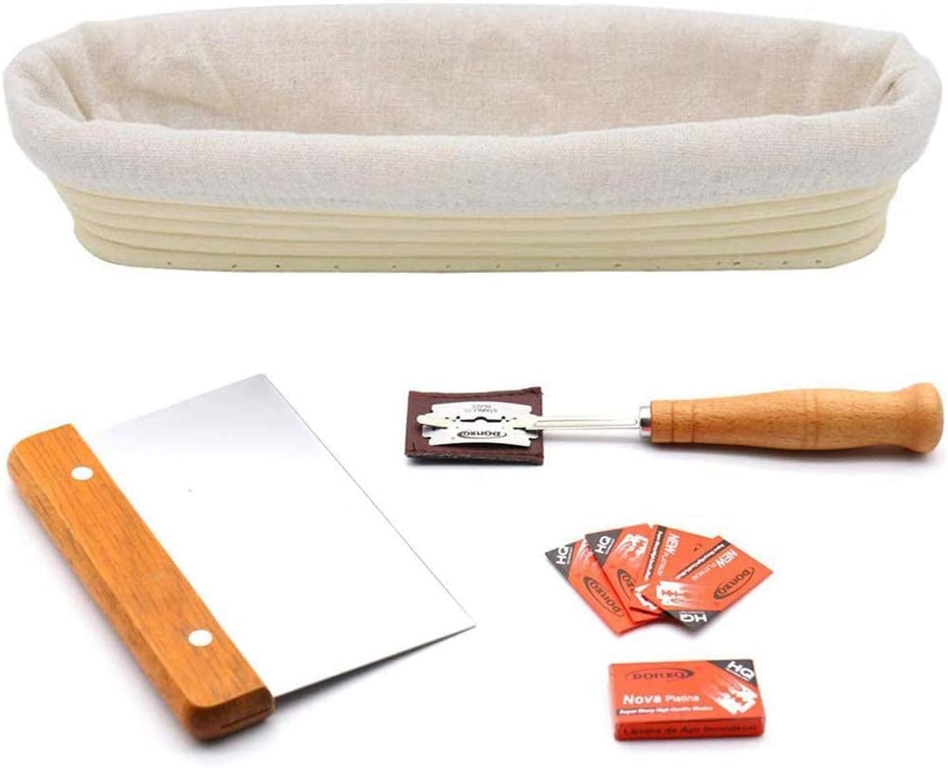 13" Oval Bread Banneton Proofing Basket for Sourdough, Includes Linen Liner, Metal Dough Scraper, Scoring Lame & Case, Extra Blades, Rising Dough Baking Bowl Gifts for Artisan Bread Making Starter