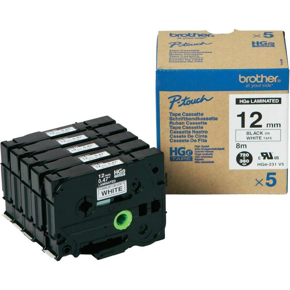 Brother HGe-231V5 Labelling Tape Cassette, Value Pack, Black on White, 12mm (W) x 8M (L), Laminated, Includes 5 x Tapes, Brother Genuine Supplies, HGE231V5
