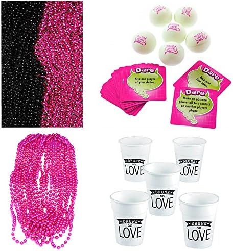 Bachelorette Dare Cards Bundle with Drunk On Love Cups and Pink &amp; Black Beads. Perfect Idea for Bachelorette Party Games.