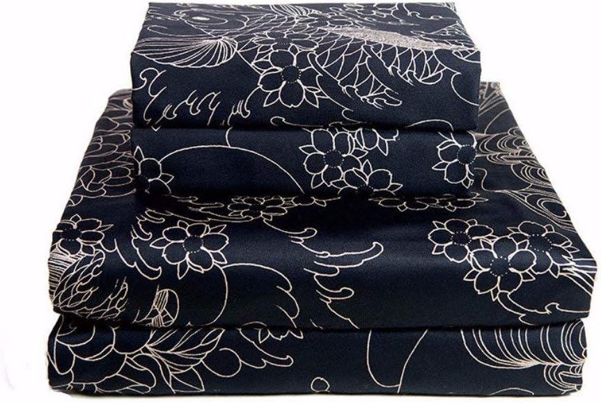 Sin in Linen Geisha Moon Tattoo Sheets, Black and Gold Japanese Inspired Bedding