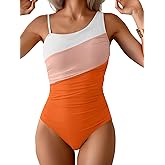Aidonger One Shoulder One Piece Swimsuit for Women Tummy Control Bathing Suits Color Block Ruched Swim Suit Slimming Swimwear