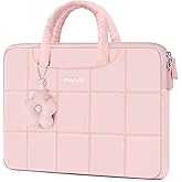 MOSISO Laptop Case 13.3 inch, 13-13.3 inch Puffy Laptop Sleeve Compatible with MacBook Air 13 13.6/Pro 13/Pro 14, HP Dell ASUS Lenovo, Rectangle Quilted Computer Bag with Handle&Flower Pendant, Pink