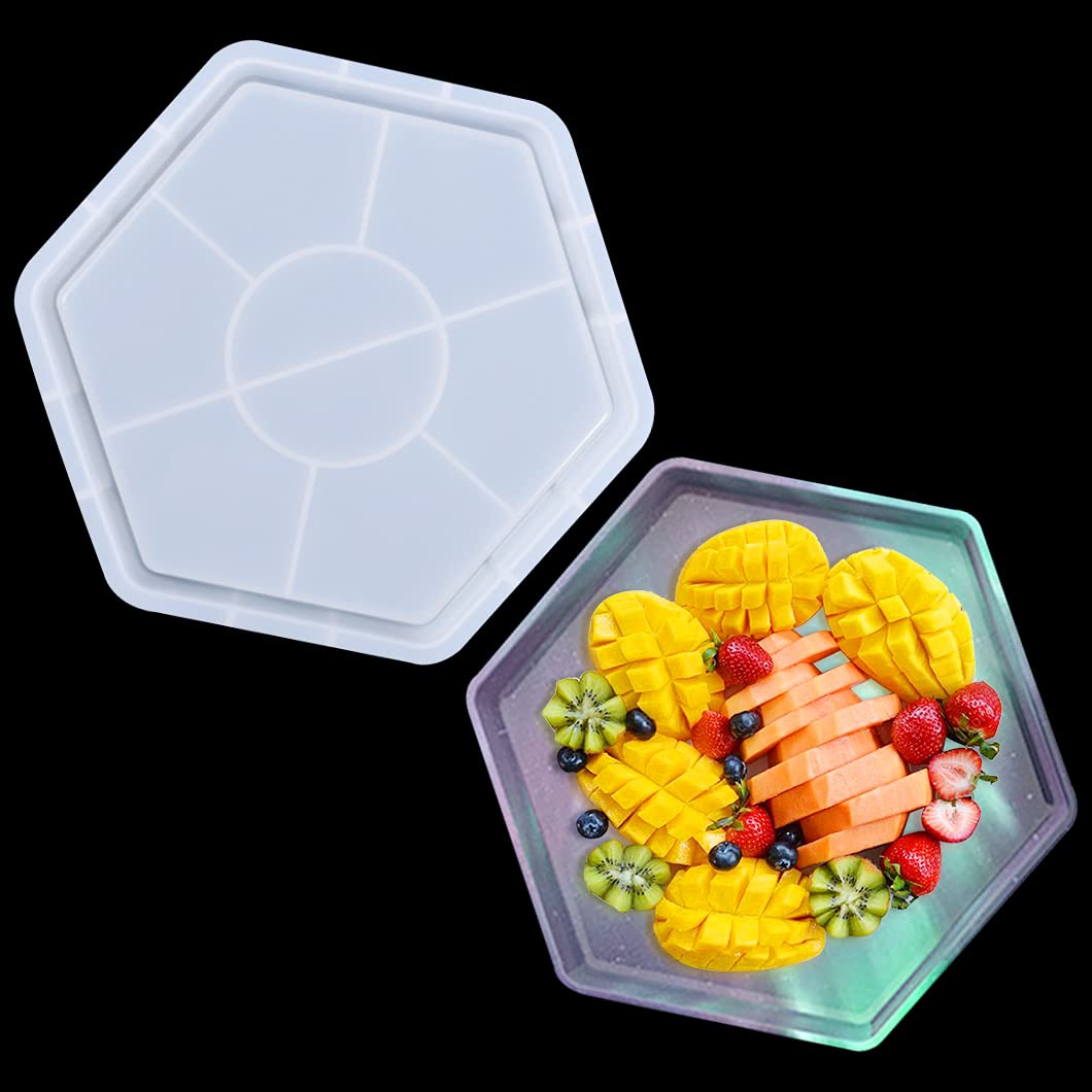 Rolin Roly Large Hexagonal Tray silicone Mould, Agate Coaster Epoxy Molds, Plate Resin Moulds, Dish Casting Mould for DIY Crafts, Jewelry Cosmetic Fruit Snack Holder Mold and Home Decoration.