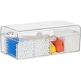 Clear Acrylic Qtip Holder Dispenser with Lid, 4-Compartment Cotton Ball Holder for Cotton Pads, Q-Tips, Makeup Sponges, Transparent athroom Canisters for Bathroom, Bedroom, or Vanity Countertop