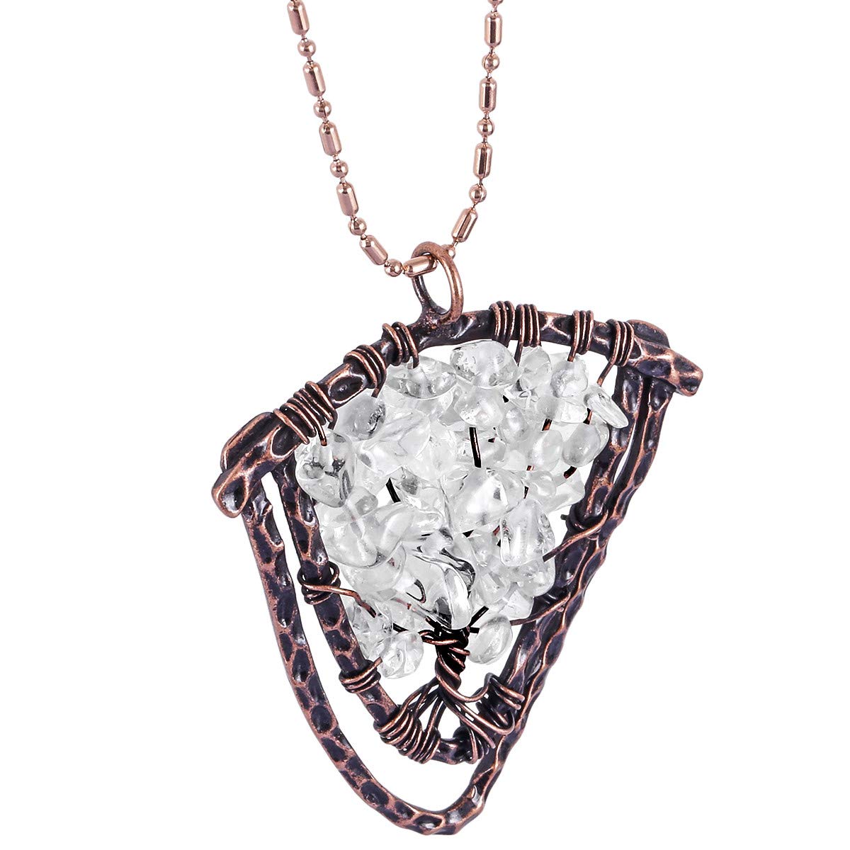 mookaitedecor Natural Rock Crystal Tree of Life Necklace for Women Men, Gemstone Wire Wrapped Shield Pendant for Protection Amulet Chakra Reiki Balance