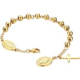 Rofusn Gold-Tone Cross Rosary Beads Bracelet, Stainless Steel Jesus Christ Crucifix Cross Wristband for Women Men Mothers Day Christmas Wedding