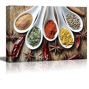 Canvas Prints Wall Art - Still Life Various of Spices on Rustic Wooden Table Food/Kitchen Concept | Modern Wall Decor/Home Decoration Stretched Gallery Canvas Wrap Giclee Print - 12" x 18"