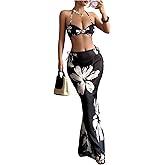 Verdusa Women's 3 Piece Boho Floral Halter Bikini Set Shell Tie Backless Swimsuit with Beach Cover Up Skirt