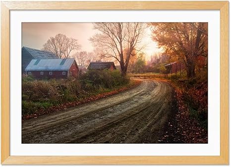 Amazon Co Jp 木の色木製フレーム ホーム装飾ポスター 額入り絵画 幻想的な風景 田舎秋 木 赤の葉 道 家 40x30cm ホーム キッチン