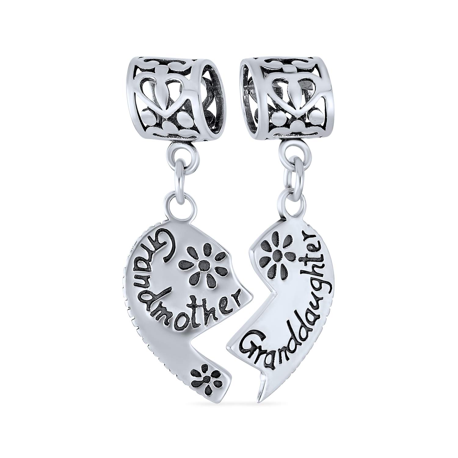 Bling Jewelry Personalized BFF Puzzle Two Piece Split Heart Shape Words Grandmother Granddaughter Dangle Bead Charm Oxidized .925 Sterling Silver Fits European Bracelet