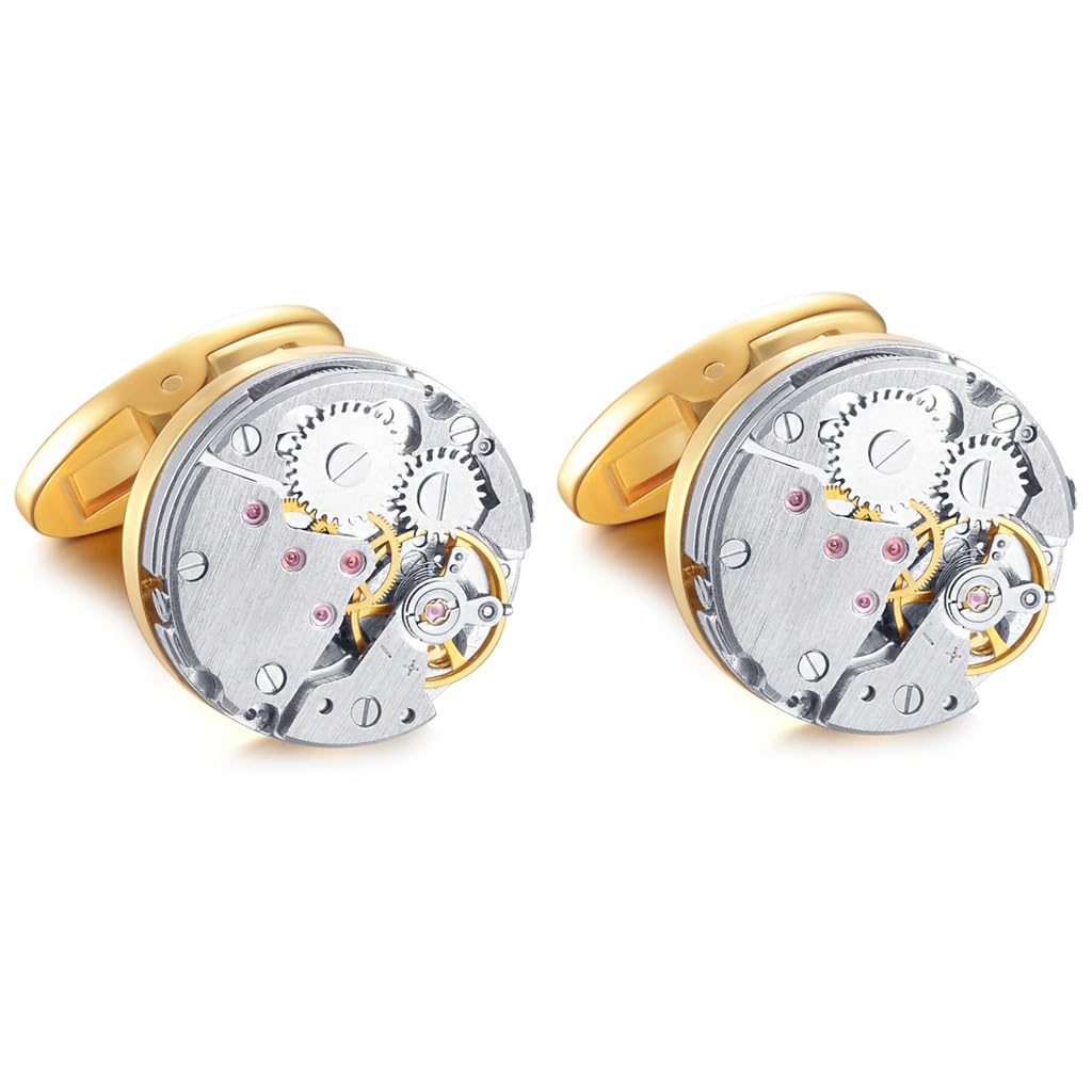 HONEY BEAR Mens Vintage Watch Movement Cufflinks with Box, Round Gold