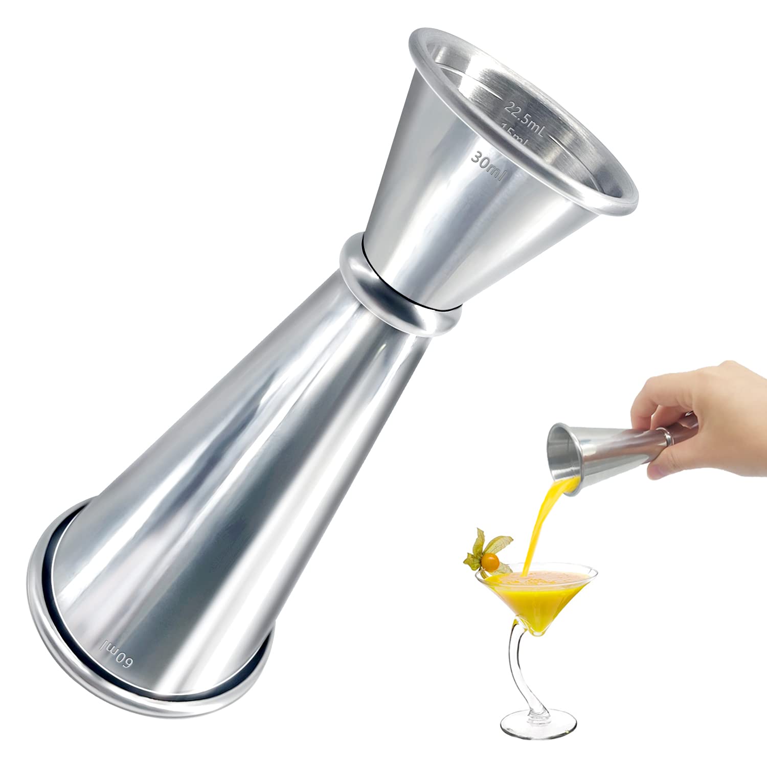 Stainless Steel Cocktail Jigger, Japanese Style Jigger, Professional Graduated Jigger Barman, Built-in Scale 30ml, 60ml, 15ml, 25ml, 45ml (Silver) (30/60ML)