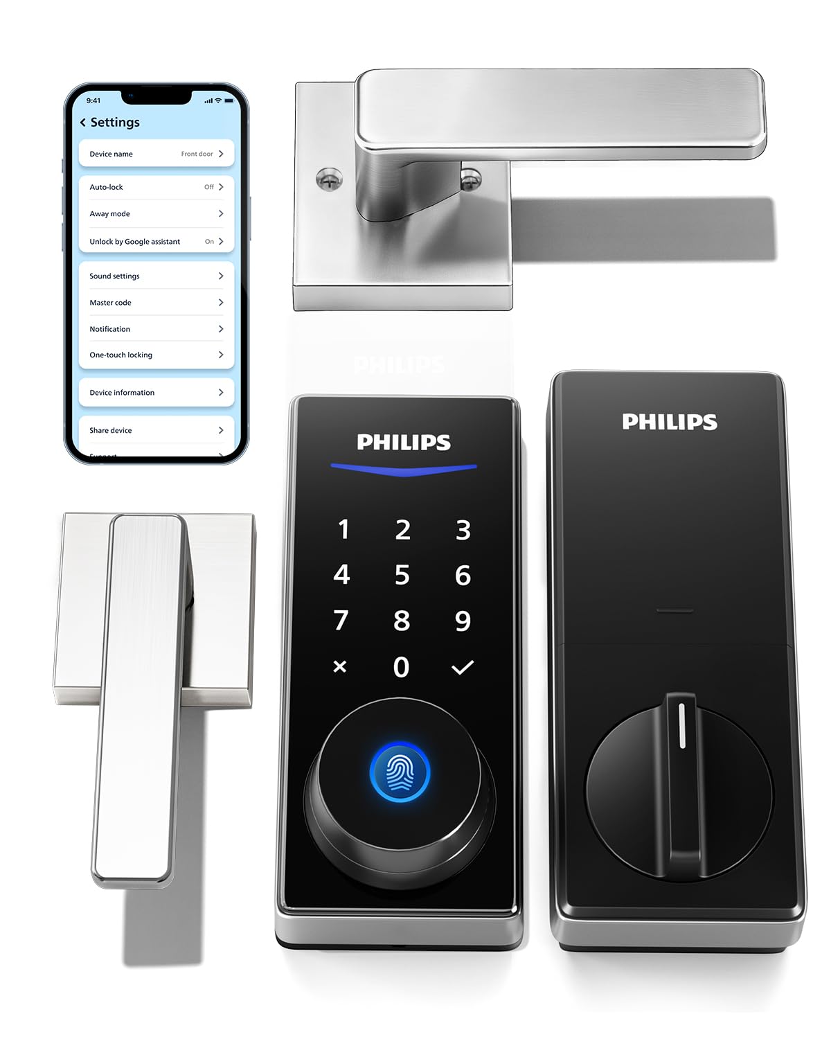 Philips Smart Lock with Handles, Smart Door Lock with 2 Level Handles, Keyless Entry Door Lock Set, Digital Keypad Deadbolt for Front Door, App Fingerprint PIN Code Unlocking, Auto Locking Image