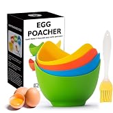 KRGMNHR Silicone Egg Poacher Cups, 4 Pack with Stable Ring Base | Make Poached Eggs Easily on Stovetop, Microwave, Air Fryer or Oven, Easy Release, BPA-Free, Includes Oil Brush