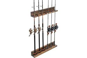MyGift Fishing Rod Holder, Wall Mounted Burnt Wood Fishing Pole Holders for Garage, Adjustable Vertical Hanging Garage Storage Fisherman Gear Rack Holds 6 Rods, Christmas Gift