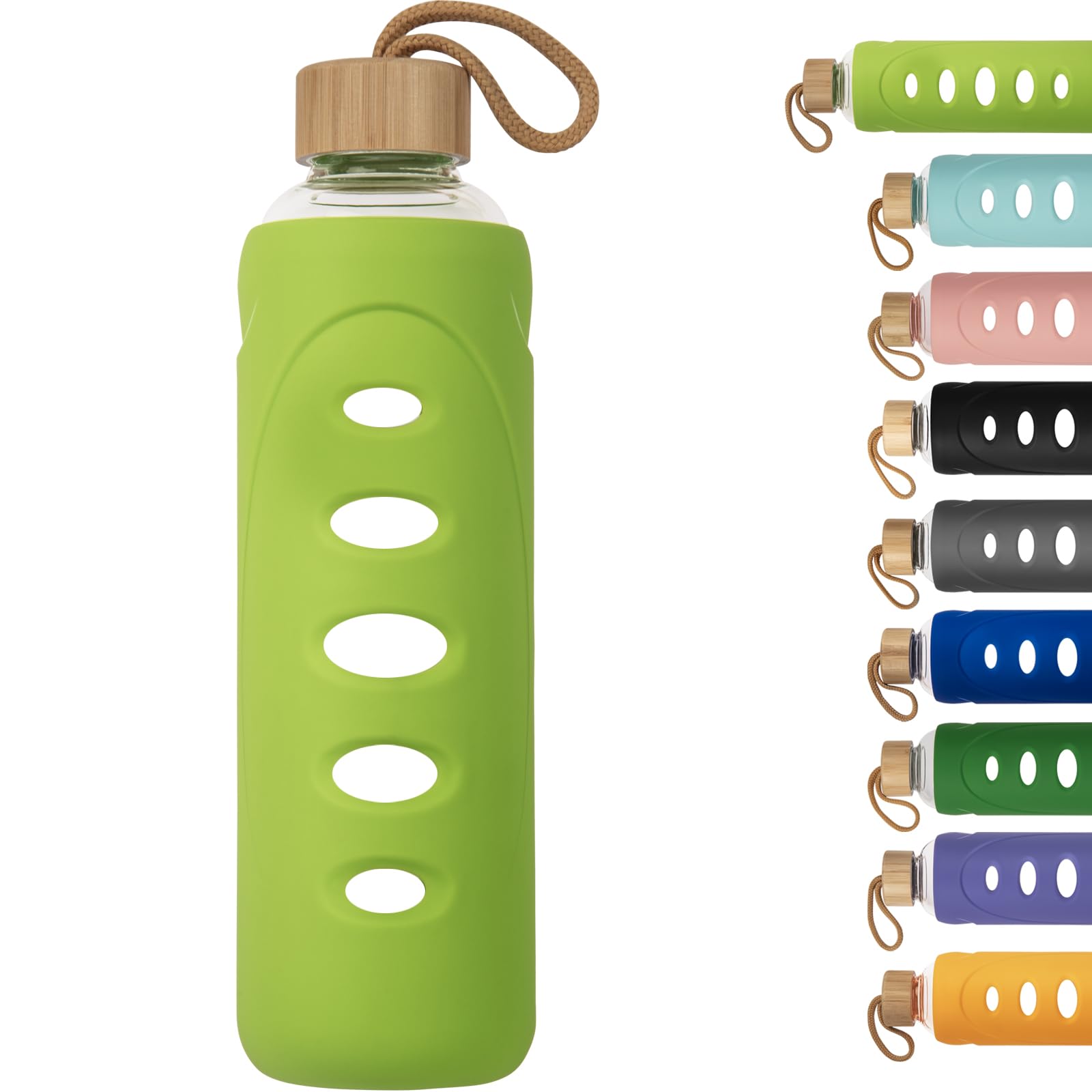 Ferexer 1 litre / 1l / 1000 ml Sport Borosilicate Glass Water Bottle with Protective Silicone Sleeve and Bamboo Lid (green)