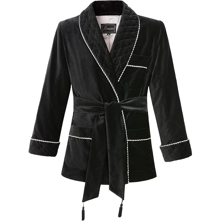 Men's Silky Satin Smoking Jacket (Small, Black Brocade Design) at