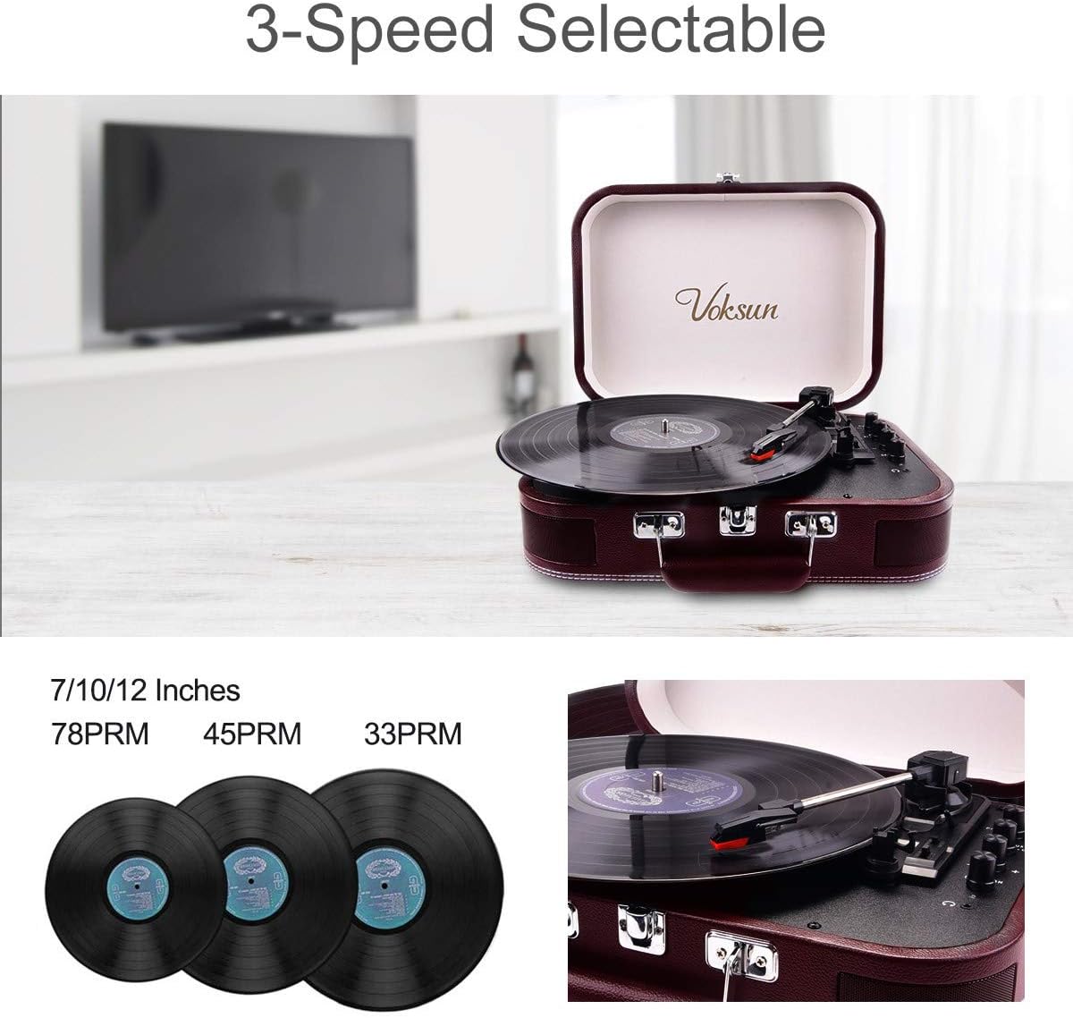 VOKSUN Portable Record Player, Vintage Vinyl Player Suitcase with Built-in Speakers & Bluetooth, 3-Speed Belt-Drive Turntable - Image 4