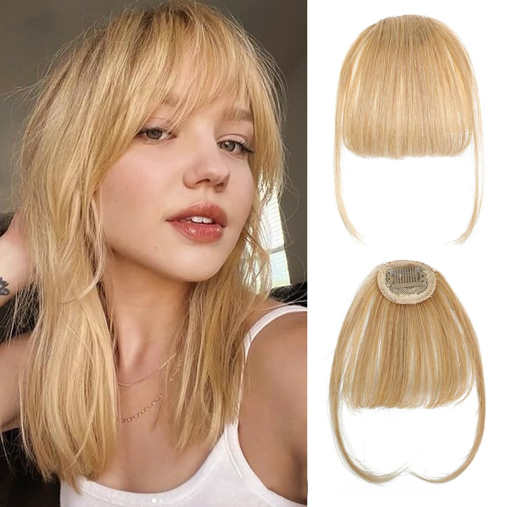 Clip in Fringe,Clip In Bangs for Women Hair Extensions Front Full Neat Human Hairpieces, Fashion Straight Wispy Bangs Fringe Air Bangs Clip for Daily Wear (Gold)