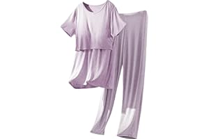Women's Maternity Nursing Pajamas Set Round Neck Ribbed Breastfeeding Pjs Sleepwear Postpartum Top and Long Pants Purple