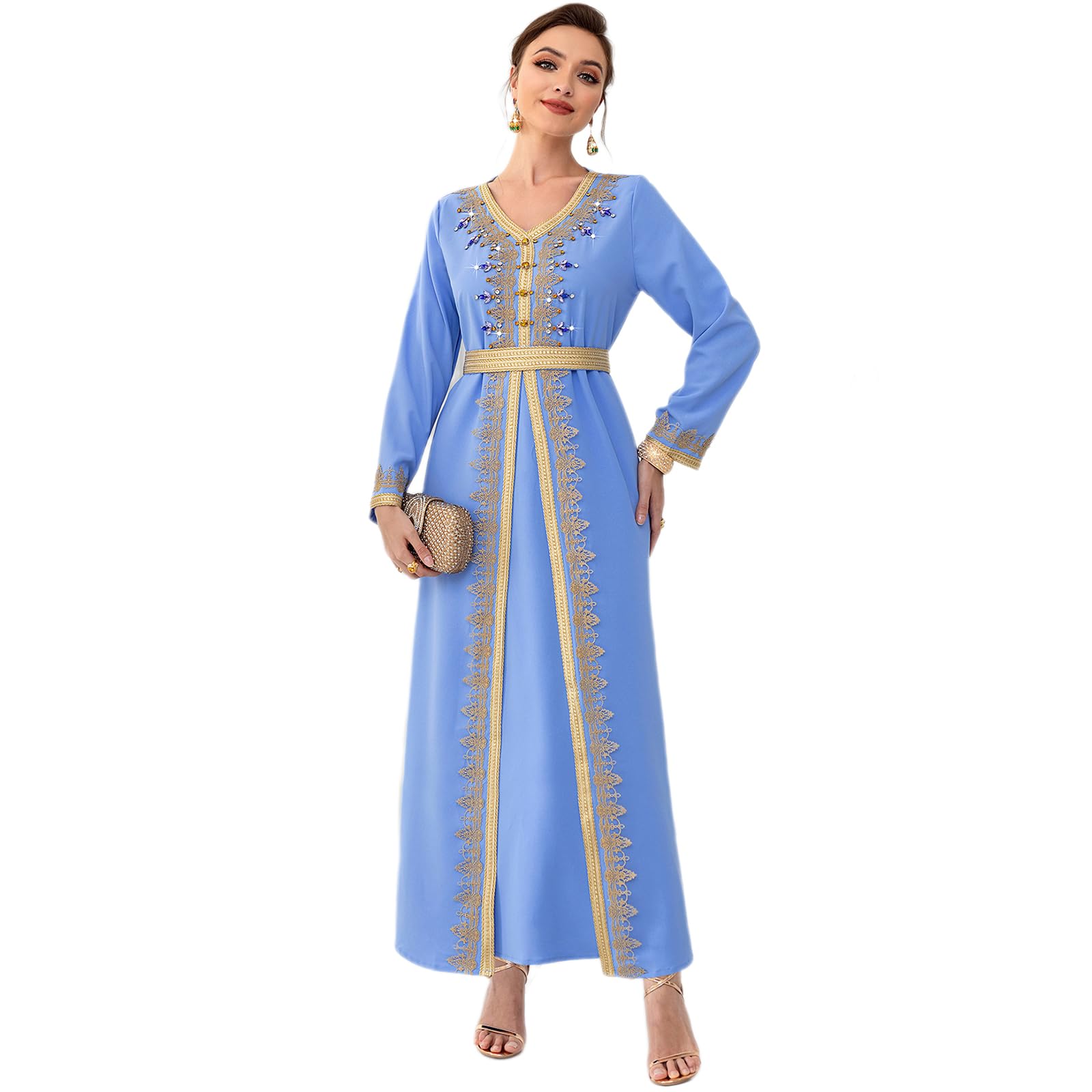 Photo 1 of Moroccan Kaftan Dresses for Women Abaya Dress Dubai Muslim Eid Ramadan Dresses Long Sleeve Kaftan Dresses Moroccan Traditional Robe Wedding Party Attire Jalabiya Mubarak Outfits Light Blue M