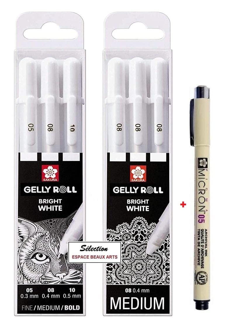 Sakura Gelly Roll White, 3 Bright White Pens in Case, Mix-Size 05/08/10 + Set of 3 Sakura Gelly Roll Basic, White 08 ET Pigma Micron Black 05