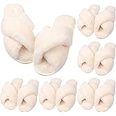 VAIPI 6 Pairs Womens Cross Band Slippers Fuzzy Plush House Bridesmaid Slipper White | Black | Pink Open Toe Fluffy Slipper Soft Warm Bridal Slippers