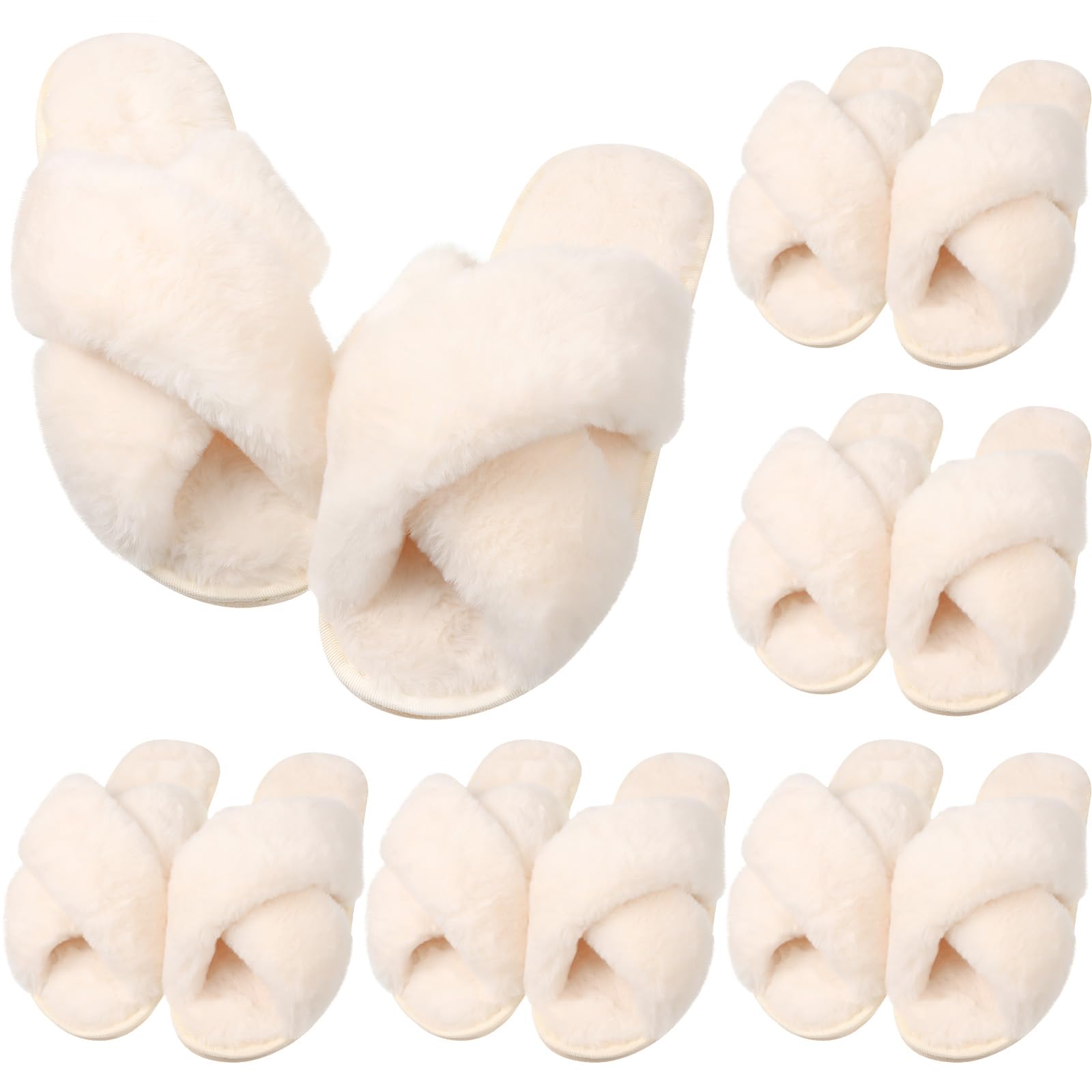 Photo 1 of (ONLY ONE PAIR) VAIPI Women's Cross Band Slippers Fuzzy Plush House Bridesmaid Slipper White|Black Open Toe Fluffy Slipper Soft Warm Bridal Slippers (White, US Footwear Size System, Adult, Women, Numeric Range, Medium, 8.5, 9.5)