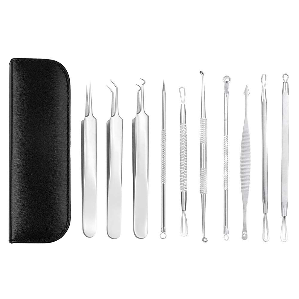 Bestgle 10pcs Blackhead Remover Tool Kit, Professional Stainless Steel Pimple Extractor & Acne Tweezers Set, Comedone Removal Tools for Whiteheads, Blemishes & Facial Care with Leather Case