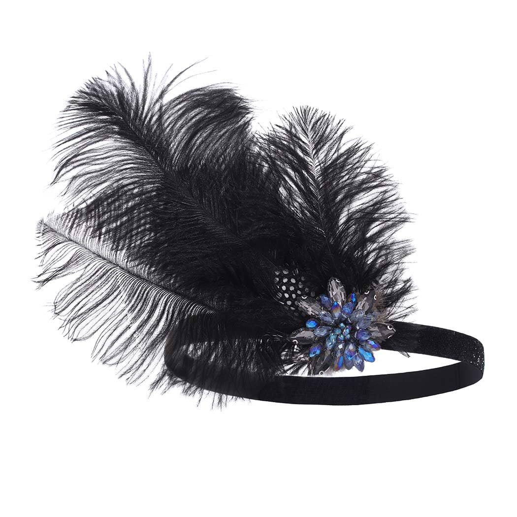 IYOU the Great Gatsby Headpiece Black Crystal Feather Flapper Heabands Wave Point Prom Party 20s Hair Accessories for Women