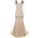 Women Vintage 1920s Gatsby Flapper Evening Party Dress V Neck Art Deco Sequins Mermaid Hem Cocktail Formal Long Maxi Gown