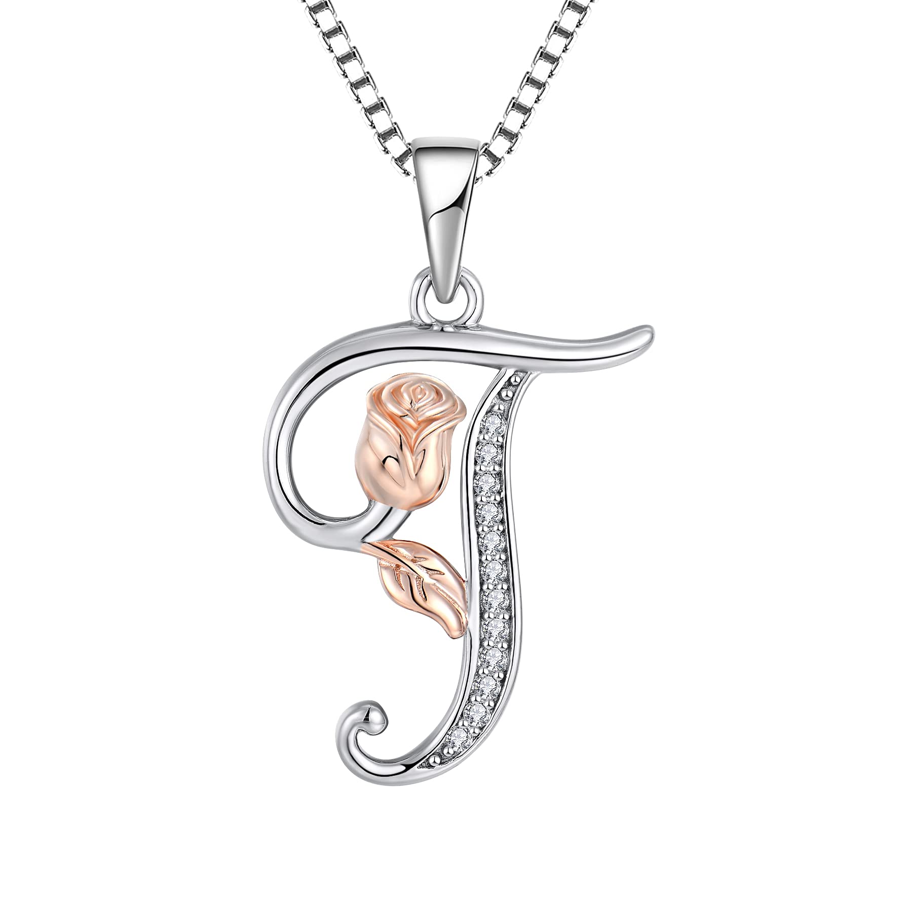starchenie Alphabet Rose necklace Letter T Necklace Zirconia Pendant 925 Sterling Silver Necklace for Women