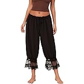 Women Lace Trim Long Bloomers Y2k Elastic Mid Rise Floral Ruffle Pantaloons Flared Slips Pants Pajama Bottoms