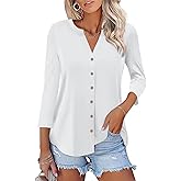 ORANDESIGNE Women's Button Down T Shirts 3/4 Sleeve V Neck Tops Casual Summer Ladies Tees