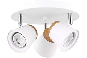 TeHenoo White Ceiling Light Fixtures 3-Light,Natural Wood Finish,Directional Spotlights, GU10 Socket Track Lighting for Hallway, bedrooms, Foyer, Kitchen, Living Room