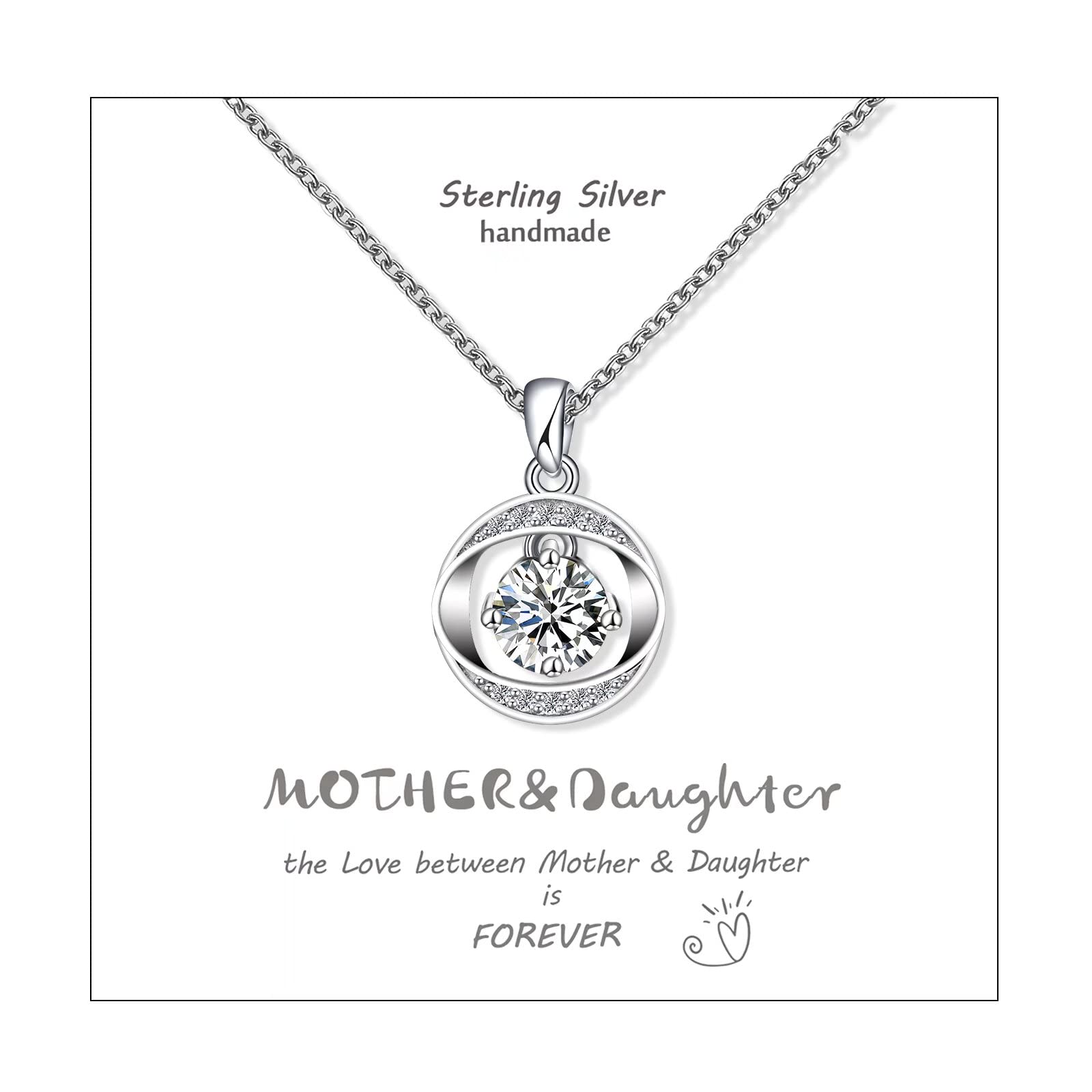 Qings 925 Sterling Silver Necklace for Mother Mom Hug Me Circle Pendant Necklace with Bling Cubic Zircons, 45 +2cm Chain Gift Box, Jewelry Gift for Women Birthday Wedding Girls