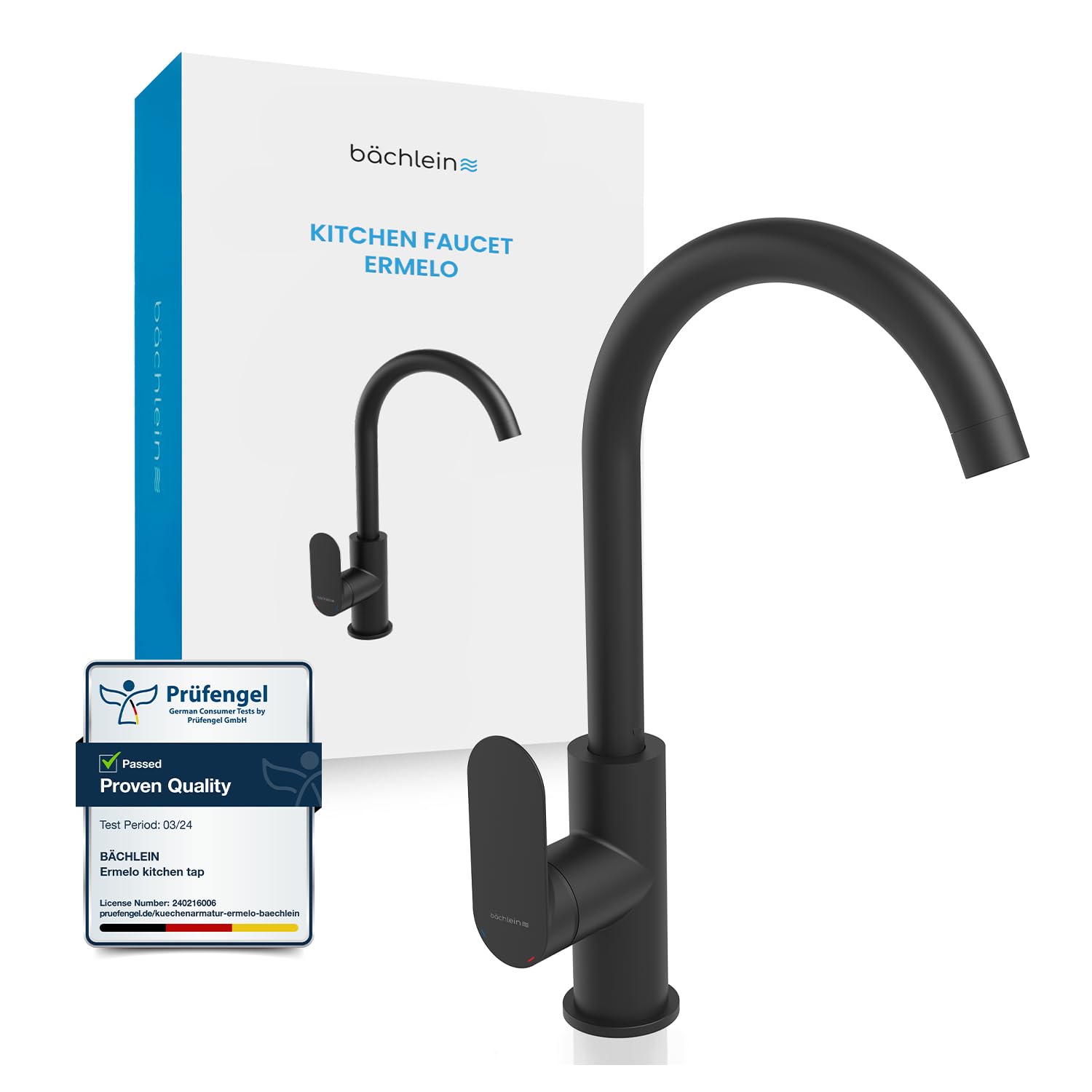 Bächlein Kitchen Faucet Matt Black - Sink Tap with 360° Swivel Spout, Modern Water Tap