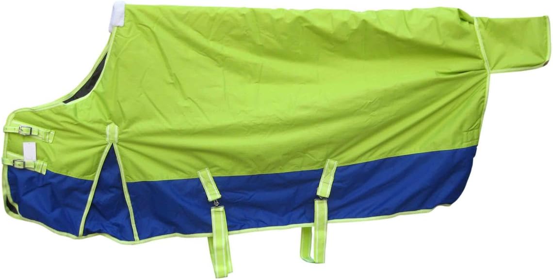 MEDIUM WEIGHT TURNOUT RUG DUAL TONE LIME GREEN / ROYAL BLUE COLOR,WITHOUT NECK,RIP-STOP FABRIC-(5'0"-7'0") (6'0")