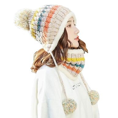 MAKFORT Bommelmütze Damen Winter Mütze Loop Schal Frauen Warm Stricken Beanie Mütze Mit Pompon Winter Warm Loop Damen (Vier F