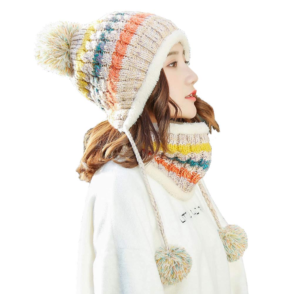 Bobble Hat And Loop Scarf Set For Women Girls Warm Knitted Pom Hat Interior Thick Fluff Winter Warm Ladies Bobble Hat Loop Scarf Set
