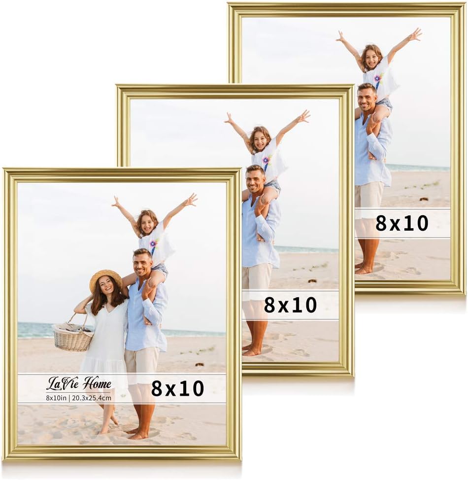 LaVie Home 8x10 Picture Frames(3 Pack, Gold) Single Photo Frame with High Definition Glass for Wall Mount & Table Top Display, Set of 3 Basic Collection