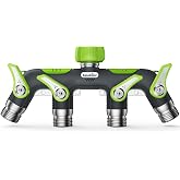 RAINPOINT 4 Way Garden Hose Splitter, 100% Metal Heavy Duty Water Hose Splitter with Individual Shut-Off Valves, 3/4" GHT High Flow Outdoor Faucet Splitter, 1.81" Extra Long Handle (Green)
